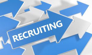 Recruiting 3d render concept with blue and white arrows flying over a white background.